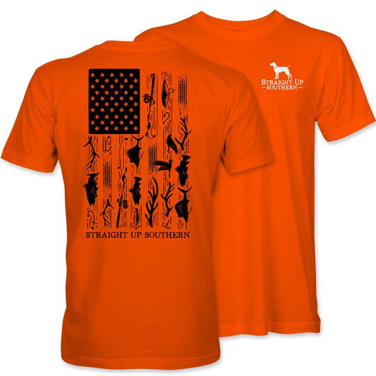 Hunt Fish Flag - American Flag with Hunting and Fishing Icons on Safety Orange T-Shirt