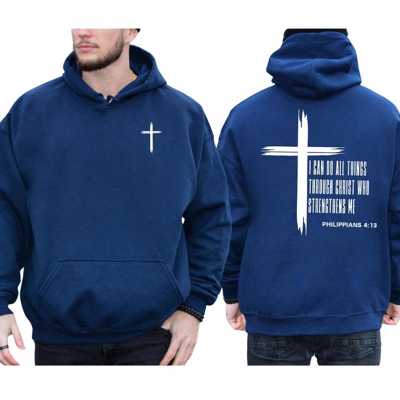 Men's Christian 2-Sided Hoodie, I Can Do All Things Through Christ Hoodies, Jesus Apparel, Bible Verses Tops, Religious Menswear, Long Sleeve Pullover