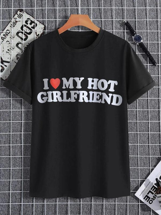Men's Letter IÂ LoveÂ My GirlfriendÂ Print Round Neck Tee, Streetwear, Graphic Tees, Regular Fit Casual Short Sleeve Crew Neck T-shirt, Summer Clothes, Men Clothing, Graphic Tee Outfits