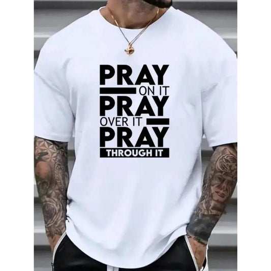 [Fast Arrival] Super Soft & Breathable New PRAY Printed T-Shirt, Men's Comfort Fit Crew Neck Short Sleeve Cotton T-Shirt for Everyday Wear and Outdoor