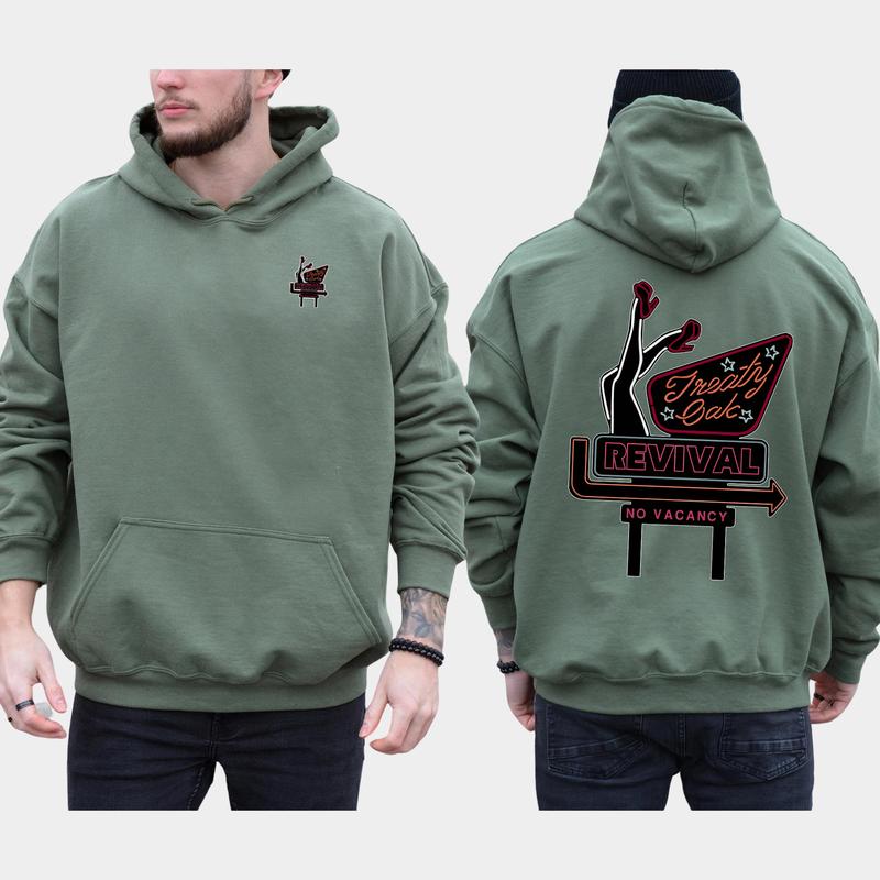Vintage Treaty Oak Revival 2-Sided Hoodie, Retro Neon Sign Hoodies, Funny Men's Hooded Sweatshirt, Unisex Drink Tops, Classic Pullover Menswear