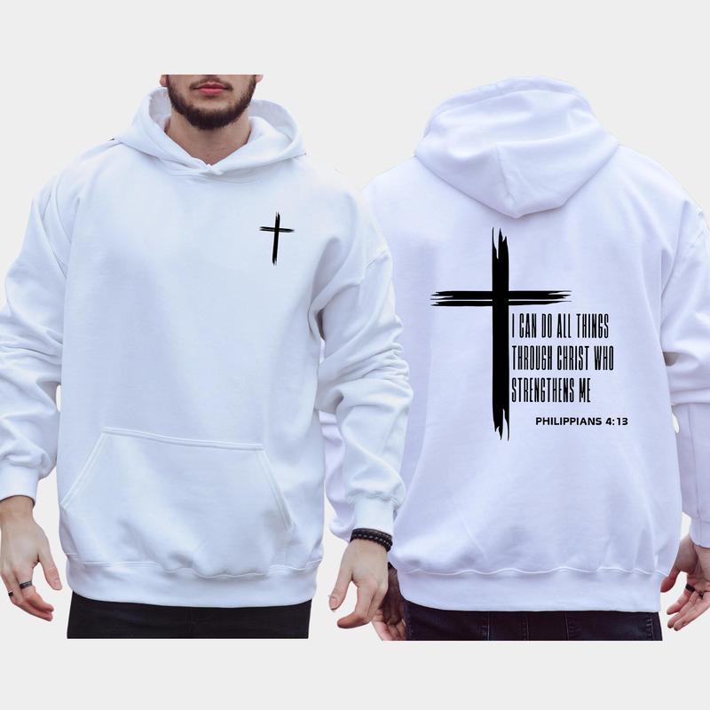 Men's Christian 2-Sided Hoodie, I Can Do All Things Through Christ Hoodies, Jesus Apparel, Bible Verses Tops, Religious Menswear, Long Sleeve Pullover