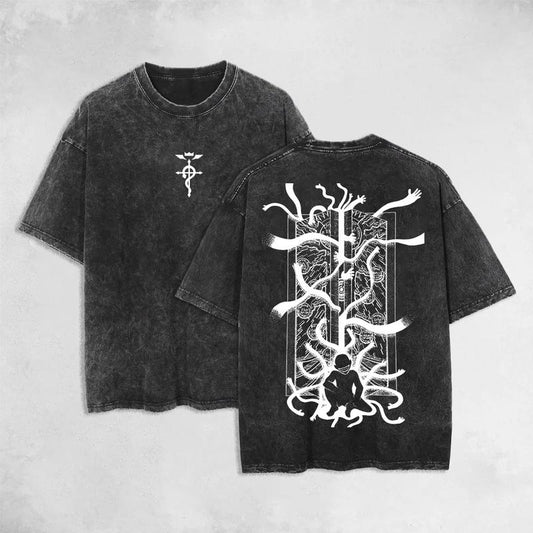 Retro Gate of Alchemy Anime Vintage Double Printed Oversized Washed T-Shirt Unisex Mineral Anime Manga Washed Heavy Cotton T-shirt, Gift For Anime Fan