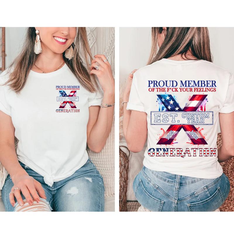 Est.Custom Year Proud Member Gen X 2 Side T-shirt, 1965-1980 Hose Water Gen X Shirt, Proud Member Flag Generation Shirt