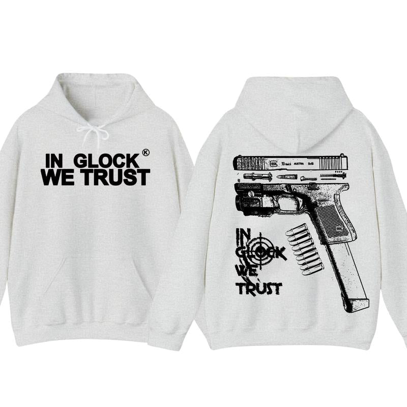 In Glock We Trust Double Sided Hoodie - Full Color - New Design Black & White- Classic Fit - Long Sleeve - Menswear - Unisex,For Her, For Him glock shirt