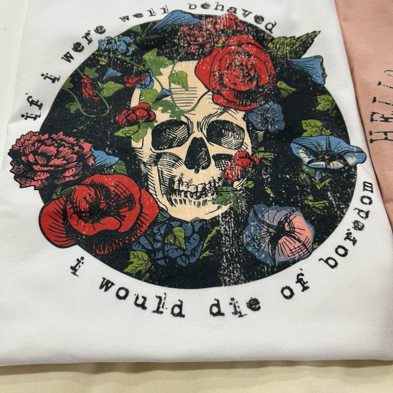 Skull Tshirts Painted Skull Tees Painted Floral Skull Tops Floral Skull  T-Shirts Womens Floral Skulls Tops Skeleton Rocker Tees Girly Skull T-Shirts
