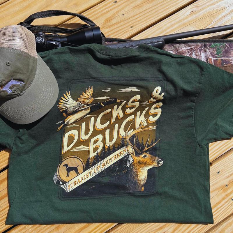 Ducks and Bucks - Mallard Duck and Whitetail Buck Hunting T-Shirt - Green Classic Cotton