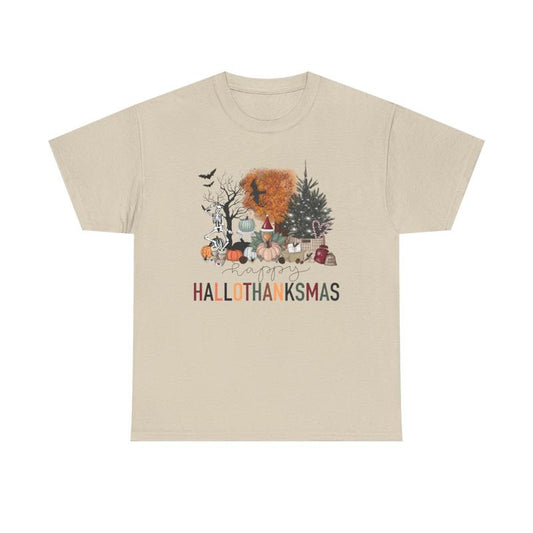 Happy Hallothanksmas Unisex Heavy Cotton Tee - Halloween - Thanksgiving - Christmas - Holiday Shirt - Pumpkin - Ghost - Christmas Tree - Snow - Turkey