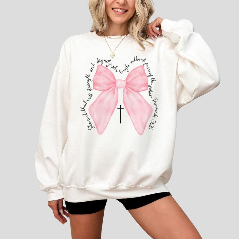 Coquette Christian Shirt, Proverbs She is Clothed with Strength Coquette Bow T-Shirt, Christian Sweatshirt, Christian Shirts For Women, Coquette Bible Verse Shirt, Comfort Women Top