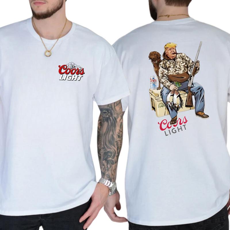 Camo Hunter Trummpp with Dog Coors Light Beer Shirt 2-Sided, Men's Hunting Graphic Tee, Drinking Shirt, Vintage Hunt Tops, Classic Casual Menswear Cotton Collar