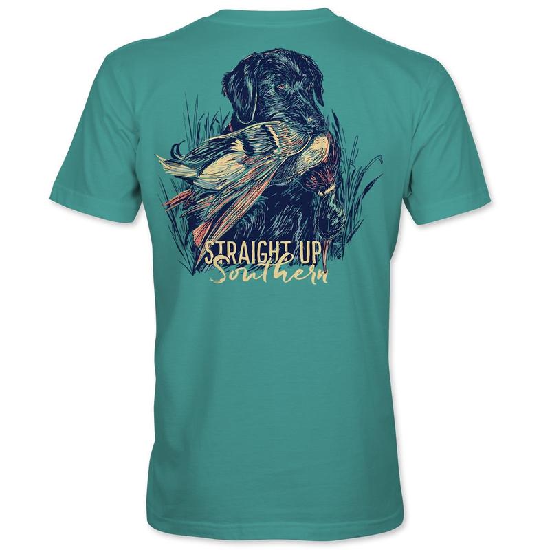 Lab With Mallard - Black Lab Retrieving Mallard T-Shirt Pocket T-Shirt - Green Shortsleeve Cotton