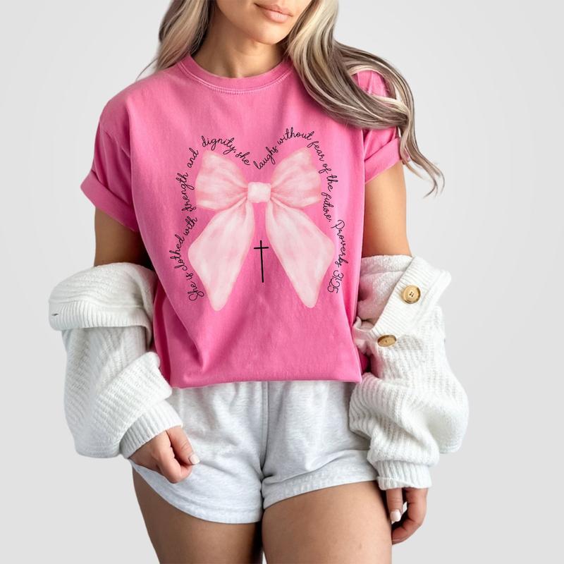 Coquette Christian Shirt, Proverbs She is Clothed with Strength Coquette Bow T-Shirt, Christian Sweatshirt, Christian Shirts For Women, Coquette Bible Verse Shirt, Comfort Women Top