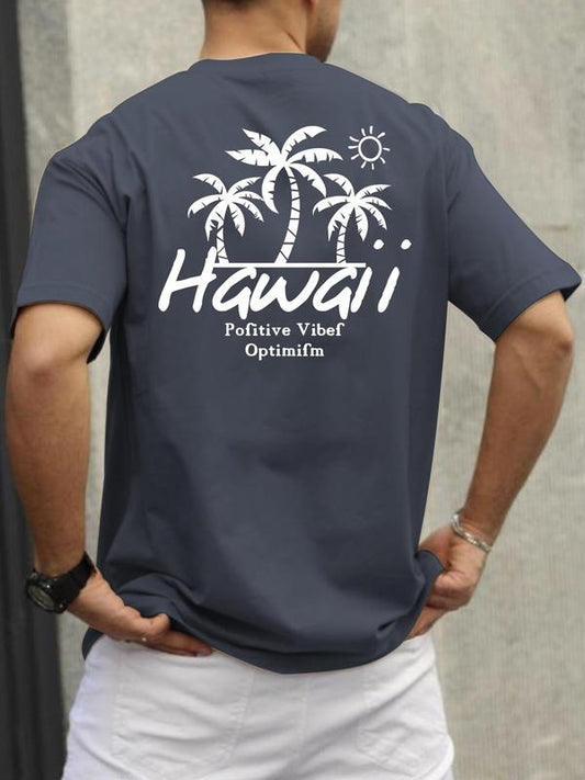 Men's Regular Fit Graphic Print Round Neck Knit Tee, Summer Clothes,Ã‚Â StreetwearÃ‚Â Guys Hawaiian Tropical & Letter Graphic Short SleeveÃ‚Â CrewneckÃ‚Â T-Shirt,