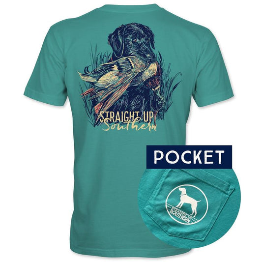 Lab With Mallard - Black Lab Retrieving Mallard T-Shirt Pocket T-Shirt - Green Shortsleeve Cotton
