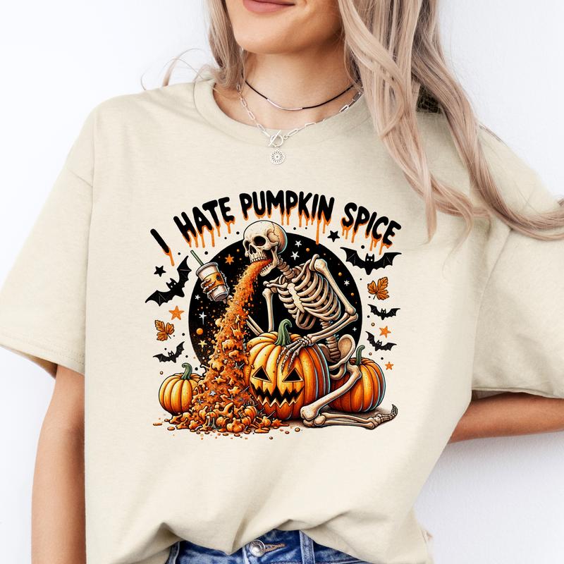 I Hate Pumpkin Spice - T-Shirt -  Print is Sublimation, Unisex T-Shirt, Funny Tee, Funny Apparel, Gift Idea, Relaxed Fit, Casual Apparel, Cute Top, Gr