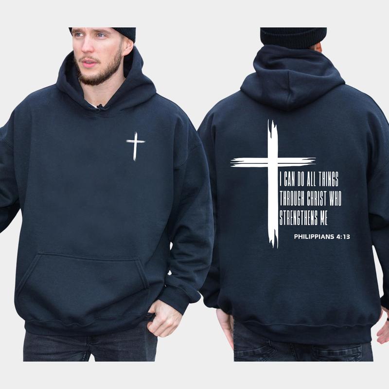 Men's Christian 2-Sided Hoodie, I Can Do All Things Through Christ Hoodies, Jesus Apparel, Bible Verses Tops, Religious Menswear, Long Sleeve Pullover
