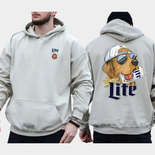 Vintage Miller Lite Hunting Dog 2-Sided Hoodie, Funny Men's Best Friend Dog Hoodies, Beer Drinking Sweaters, Unisex Drink Tops, Cotton Casual Menswear