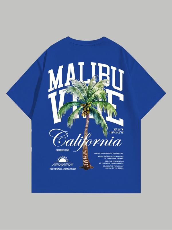 MMen's Coconut Tree & Letter Print Short Sleeve Tee, Regular FitÂ Casual Streetwear Graphic Round Neck T-Shirt, Graphic Tees,Â Men's Summer Graphic Tees