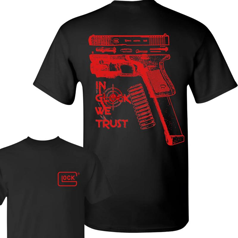In Glock We Trust Standard size Black T-shirt with Multicolor Design for Men and Women - Classic Fit - Menswear Cotton Top