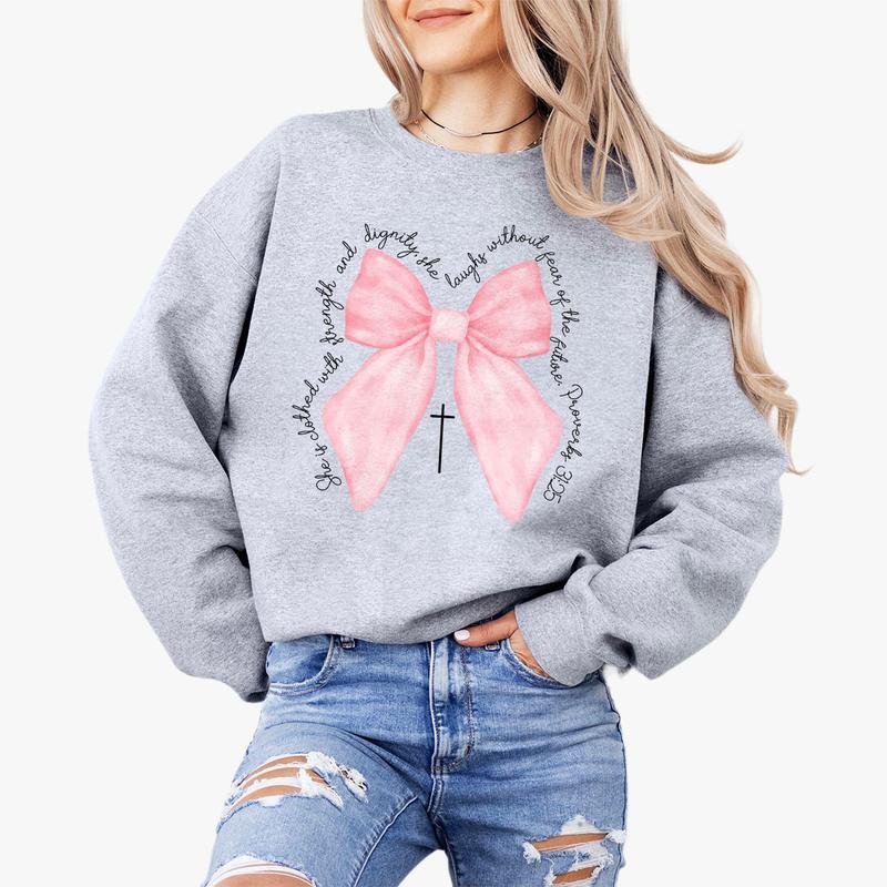 Coquette Christian Shirt, Proverbs She is Clothed with Strength Coquette Bow T-Shirt, Christian Sweatshirt, Christian Shirts For Women, Coquette Bible Verse Shirt, Comfort Women Top