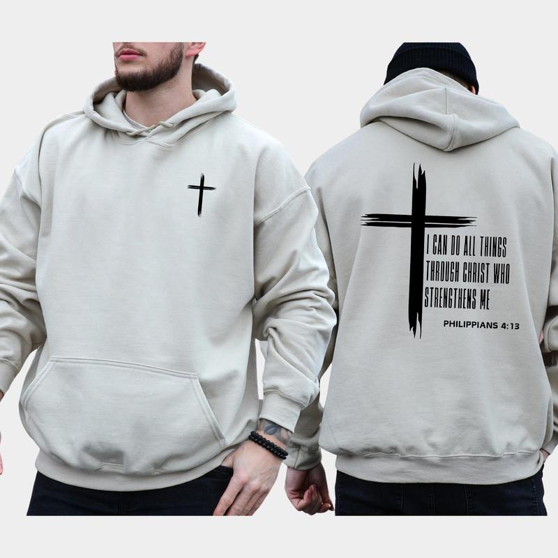 Men's Christian 2-Sided Hoodie, I Can Do All Things Through Christ Hoodies, Jesus Apparel, Bible Verses Tops, Religious Menswear, Long Sleeve Pullover