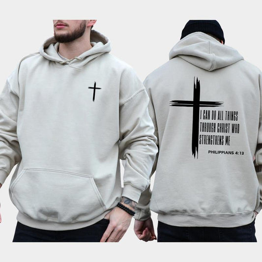 Men's Christian 2-Sided Hoodie, I Can Do All Things Through Christ Hoodies, Jesus Apparel, Bible Verses Tops, Religious Menswear, Long Sleeve Pullover