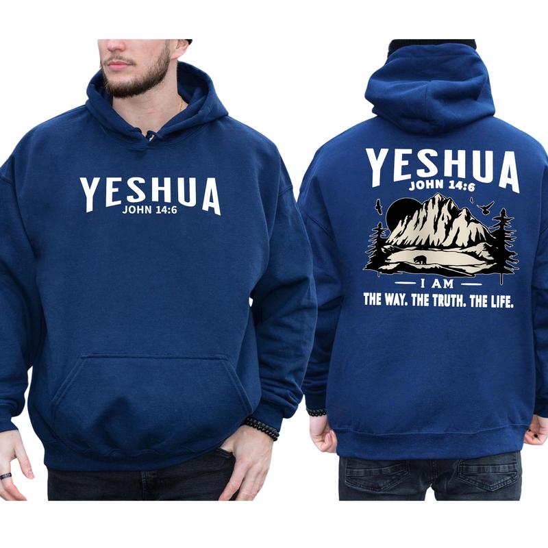 Men's Yeshua Christian 2-Sided Hoodie, The Way The Truth The Life Hoodies, Jesus Apparel, Bible Verses Tops, Long Sleeve Pullover, Religious Menswear