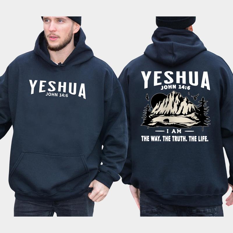 Men's Yeshua Christian 2-Sided Hoodie, The Way The Truth The Life Hoodies, Jesus Apparel, Bible Verses Tops, Long Sleeve Pullover, Religious Menswear