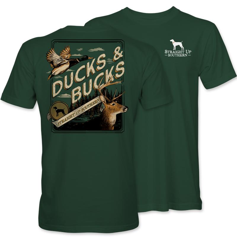Ducks and Bucks - Mallard Duck and Whitetail Buck Hunting T-Shirt - Green Classic Cotton