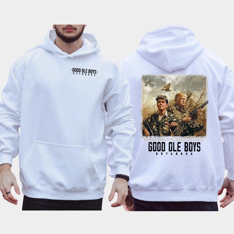 Hunter Trummp Reagan Good Ole Boys 2-Sided Hoodie, Funny Men's Outdoors Hunting Hoodies, Vintage Hunt Sweaters, Unisex Hunter Tops, Comfort Cotton Casual Menswear, Long Sleeve Pullover