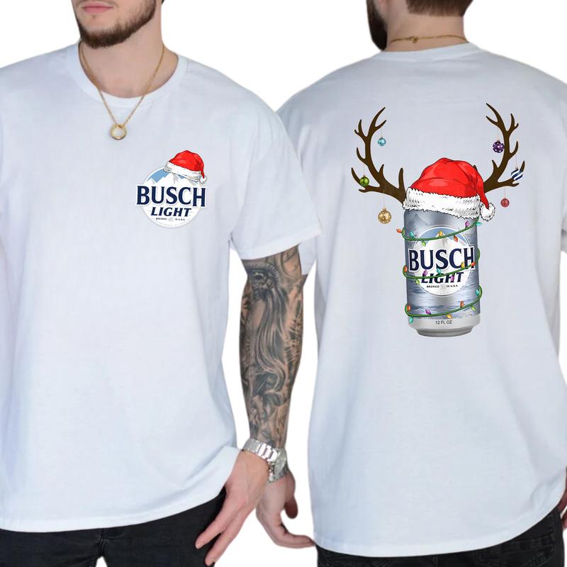 Christmas Deer Busch Light 2-Sided Shirt, Funny Men's Beer Drinking Tee, Drink Tops for Men, Christmas Drinker Tshirt, Classic Cotton Casual Menswear