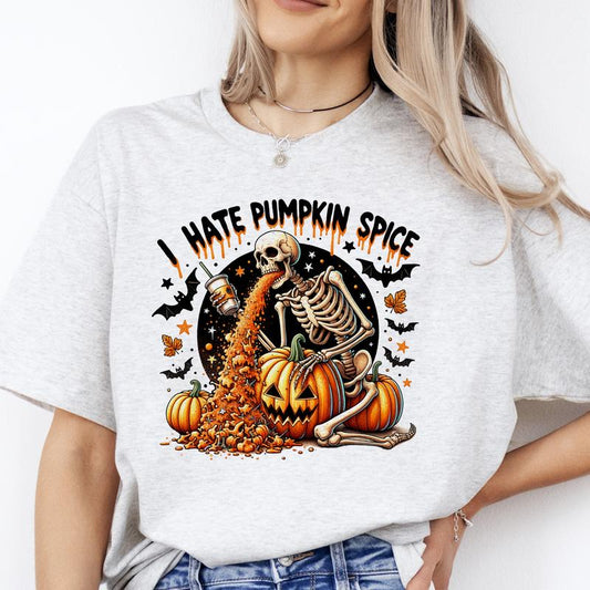 I Hate Pumpkin Spice - T-Shirt -  Print is Sublimation, Unisex T-Shirt, Funny Tee, Funny Apparel, Gift Idea, Relaxed Fit, Casual Apparel, Cute Top, Gr