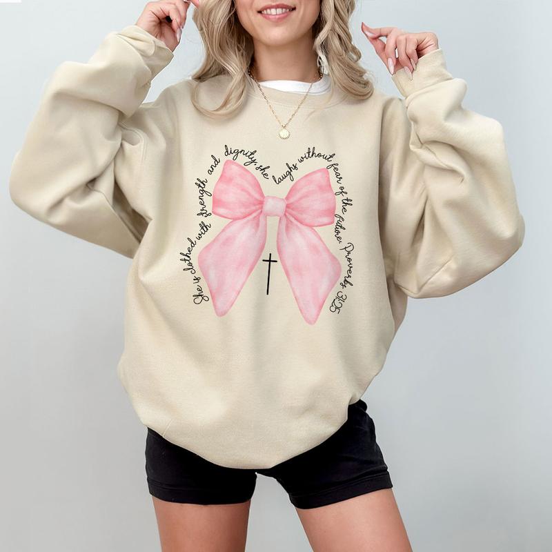Coquette Christian Shirt, Proverbs She is Clothed with Strength Coquette Bow T-Shirt, Christian Sweatshirt, Christian Shirts For Women, Coquette Bible Verse Shirt, Comfort Women Top