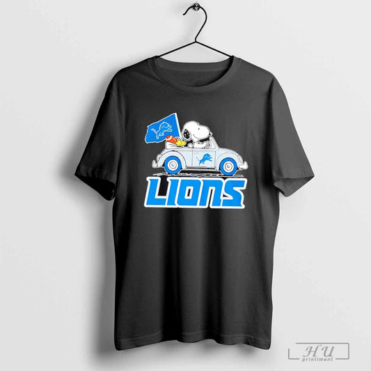 Snoopy driving Detroit Lions Flag T-shirt