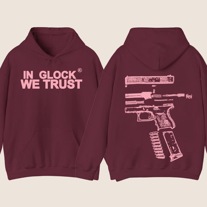IN GLOCK WE TRUST 2 side Hoodie,Design color Light Pink, Hoodie For Men, Menswear Top , GIft For Men,Full color,Hoodie & sweaters