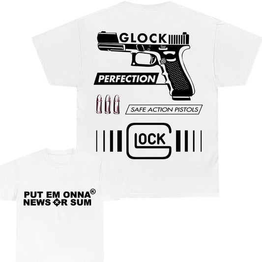 Put Em Onna News Or Sum Double Sided Print T-Shirt - Glock shirt - Design color Black and White , Full Color , Cotton Menswear - Classic Width and Col