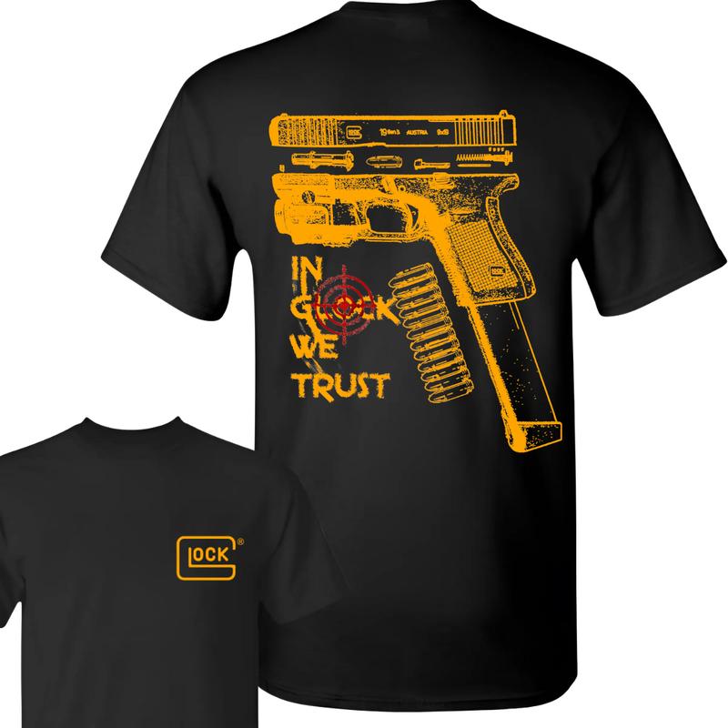 In Glock We Trust Standard size Black T-shirt with Multicolor Design for Men and Women - Classic Fit - Menswear Cotton Top