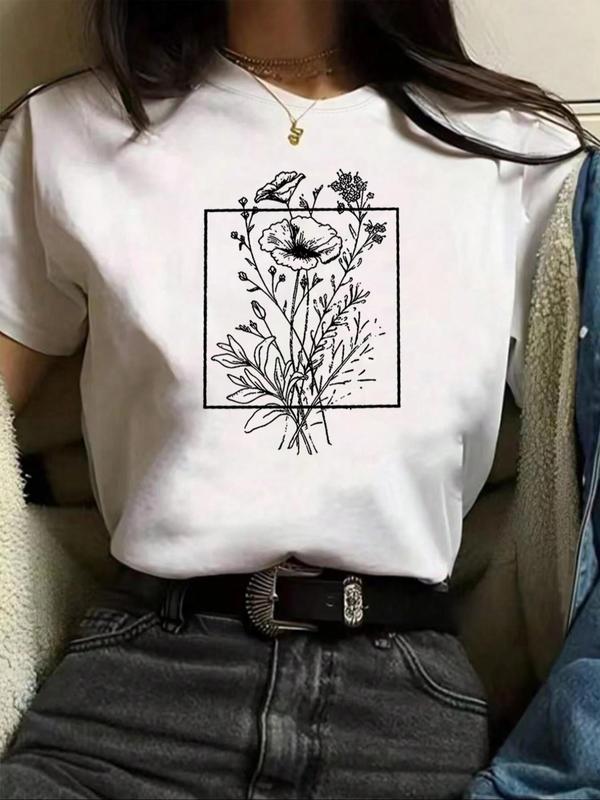 Women's Back To SchoolÃ‚Â Floral Print Drop Shoulder Tee, Summer Clothes Women,Ã‚Â Casual Half Sleeve Round Neck T-Shirt for Summer, Summer Outfits, Graphic
