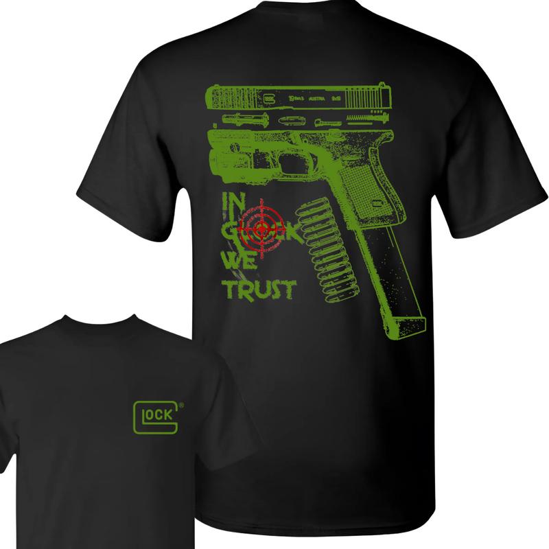 In Glock We Trust Standard size Black T-shirt with Multicolor Design for Men and Women - Classic Fit - Menswear Cotton Top