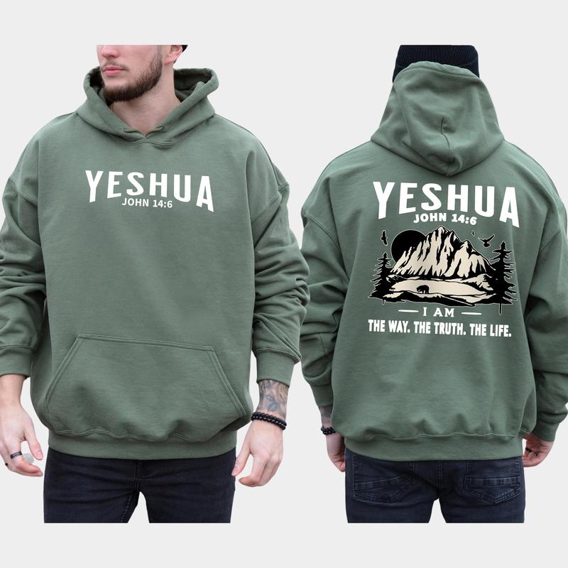 Men's Yeshua Christian 2-Sided Hoodie, The Way The Truth The Life Hoodies, Jesus Apparel, Bible Verses Tops, Long Sleeve Pullover, Religious Menswear