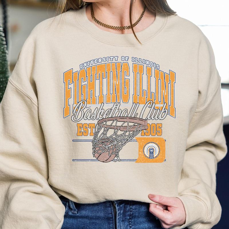 Vintage Illinois Fighting Illini NCAA Division I Men's Basketball Shirt, University of Illinois NCAA College Basketball Shirt, Crewneck, Cotton, Shirt