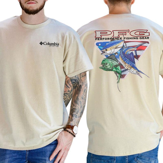 Columbia PFG Shirt - Performance Fishing Gear Featuring Bold American Flag and Fish Graphics T-Shirt, Soft Fabric Short Sleeve Shirt