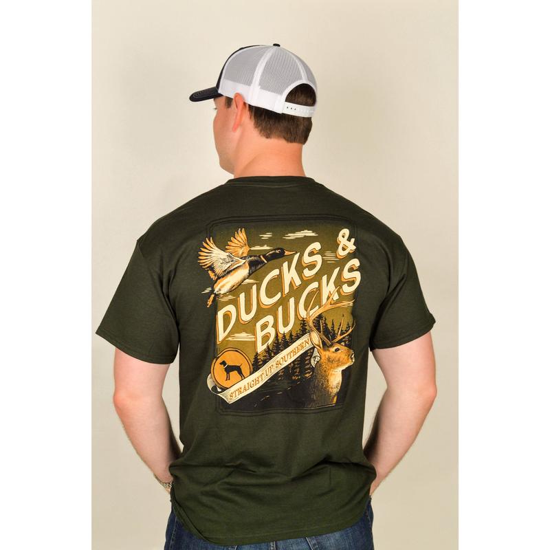 Ducks and Bucks - Mallard Duck and Whitetail Buck Hunting T-Shirt - Green Classic Cotton