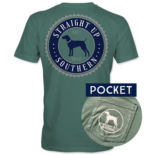 Pointer Seal - Pocket T-Shirt with Straight Up Southern Pointer Icon - Pine