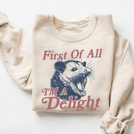 I'm a Delight Sweatshirt, Funny Hoodie, First of All T-shirt, Vintage Retro Graphic Shirt, Fall sweatshirt, Possum Tshirt, Humor Sweatshirt, T-shirt, Sweatshirt, Hoodie, Full Sizes, Full Colors, Gift for Men and for Women