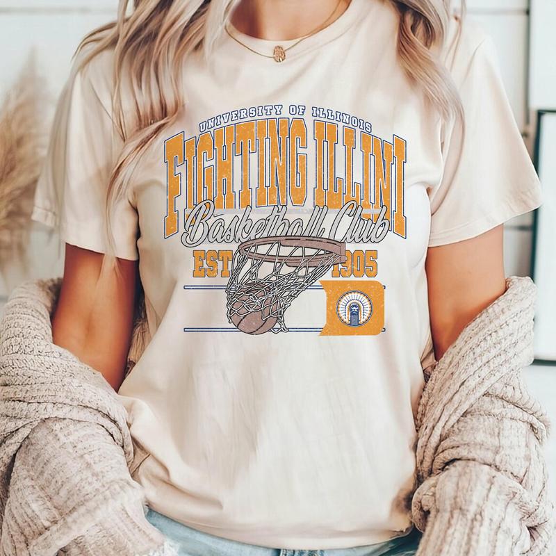 Vintage Illinois Fighting Illini NCAA Division I Men's Basketball Shirt, University of Illinois NCAA College Basketball Shirt, Crewneck, Cotton, Shirt