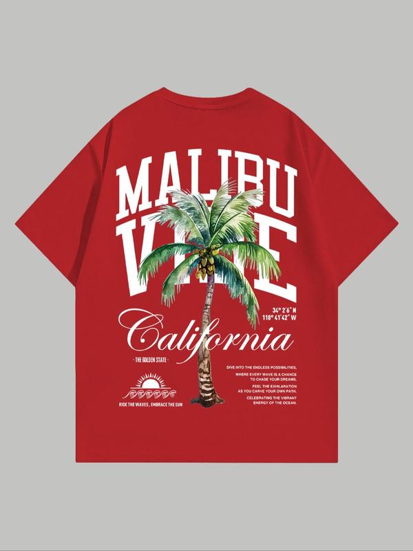 MMen's Coconut Tree & Letter Print Short Sleeve Tee, Regular FitÂ Casual Streetwear Graphic Round Neck T-Shirt, Graphic Tees,Â Men's Summer Graphic Tees