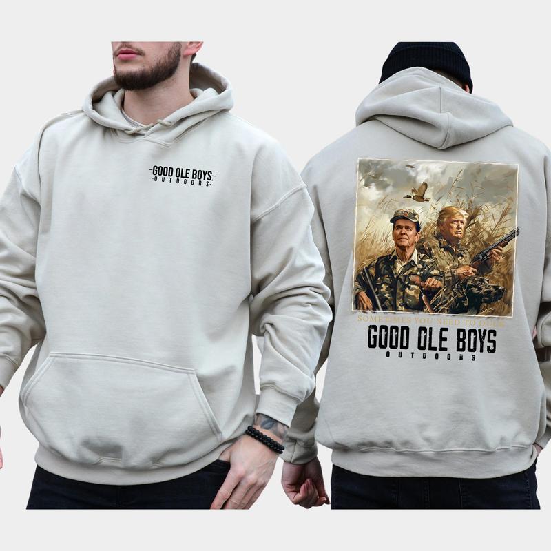 Hunter Trummp Reagan Good Ole Boys 2-Sided Hoodie, Funny Men's Outdoors Hunting Hoodies, Vintage Hunt Sweaters, Unisex Hunter Tops, Comfort Cotton Casual Menswear, Long Sleeve Pullover