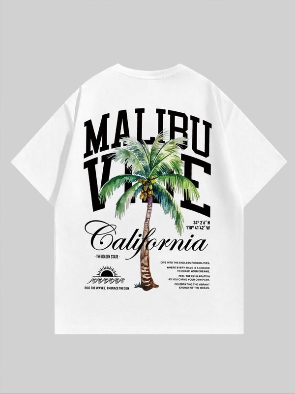 MMen's Coconut Tree & Letter Print Short Sleeve Tee, Regular FitÂ Casual Streetwear Graphic Round Neck T-Shirt, Graphic Tees,Â Men's Summer Graphic Tees