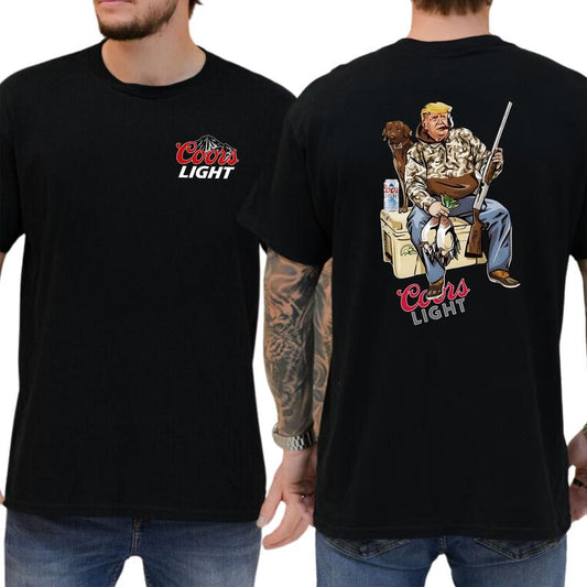 Camo Hunter Trummpp with Dog Coors Light Beer Shirt 2-Sided, Men's Hunting Graphic Tee, Drinking Shirt, Vintage Hunt Tops, Classic Casual Menswear Cotton Collar